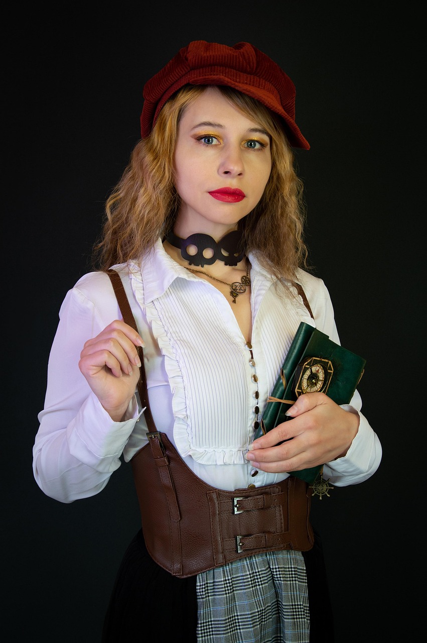 steampunk, retro, vintage, woman, portrait, cap, traveler, fashion, style, 18 century, journalist, model pose, beautiful, researcher